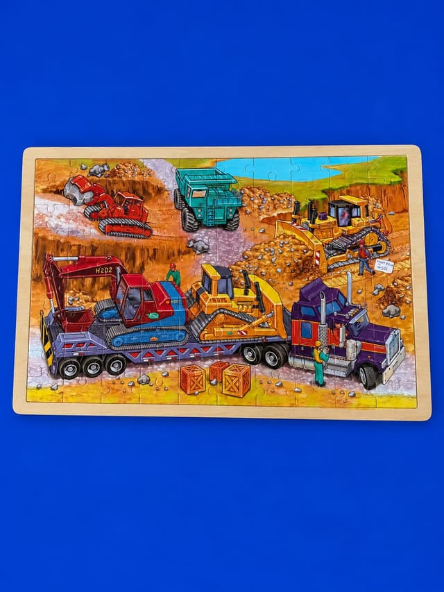 Wooden tray jigsaw puzzle with a construction site theme